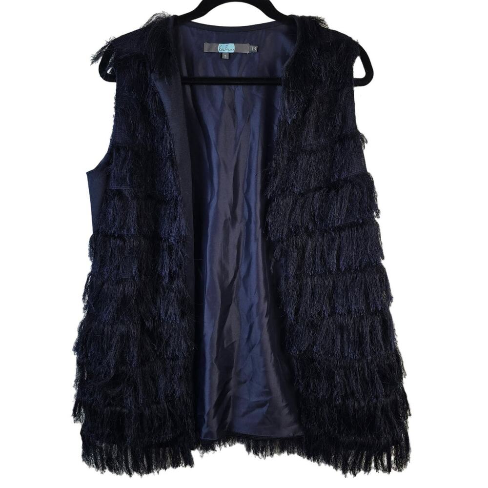 Eva Franco Anthropologie Vest Women's S Navy Fringe Open Front Boho Chic Casual